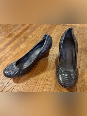 Tory Burch Dark Navy Snake-Embossed Leather Wedges